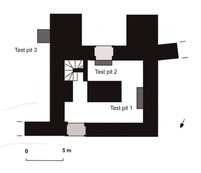 Plan of the Gatehouse showing the location of the three archaeological soundings.